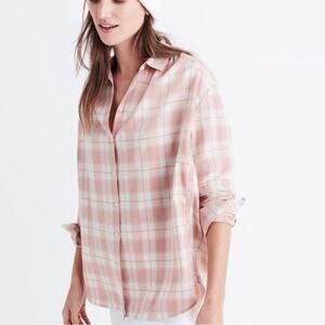 Madewell central long sleeve pink/peach button up shirt in Danville plaid sz xs